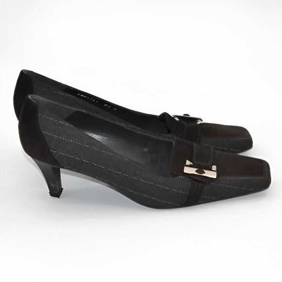 Stuart Weitzman Charcoal Gray Pinstripe Wool Suiting Leather Dress Heels 8.5 - Picture 2 of 8